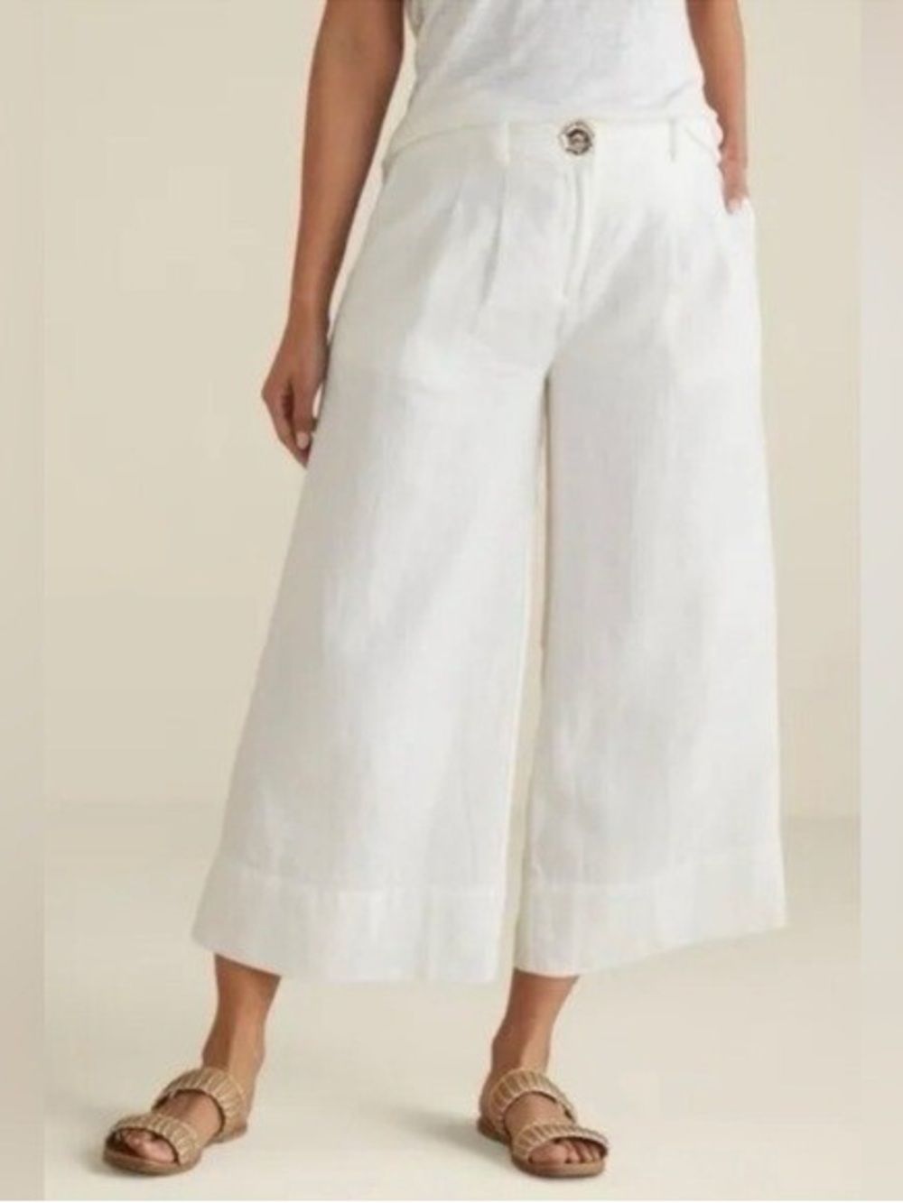 Soft Surroundings White Nabi Wide-Leg Linen Cropped Crop Pants